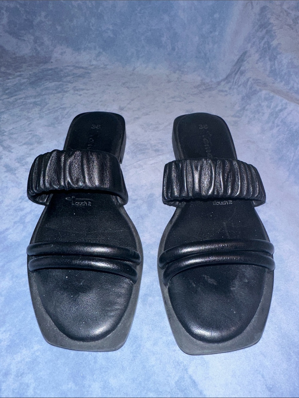 Black Ruched Strap Slide Mules for Women size 38/8